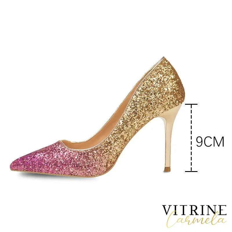 Gradient Sequins High Heels Women Shoes Pointed Classic Pumps Rhinestone Party Wedding Bridal