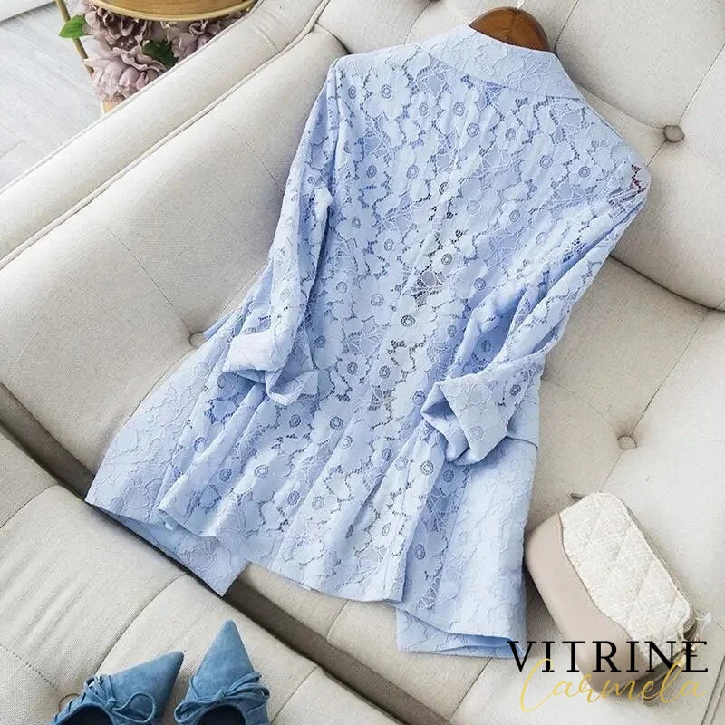 V-Neck Blue Women Blazer 2022 New Elegant Lace Hollow Out Thin Summer Blazers Lady Office Suit