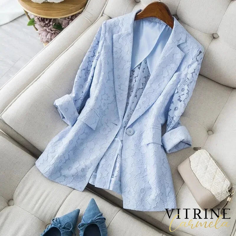 V-Neck Blue Women Blazer 2022 New Elegant Lace Hollow Out Thin Summer Blazers Lady Office Suit