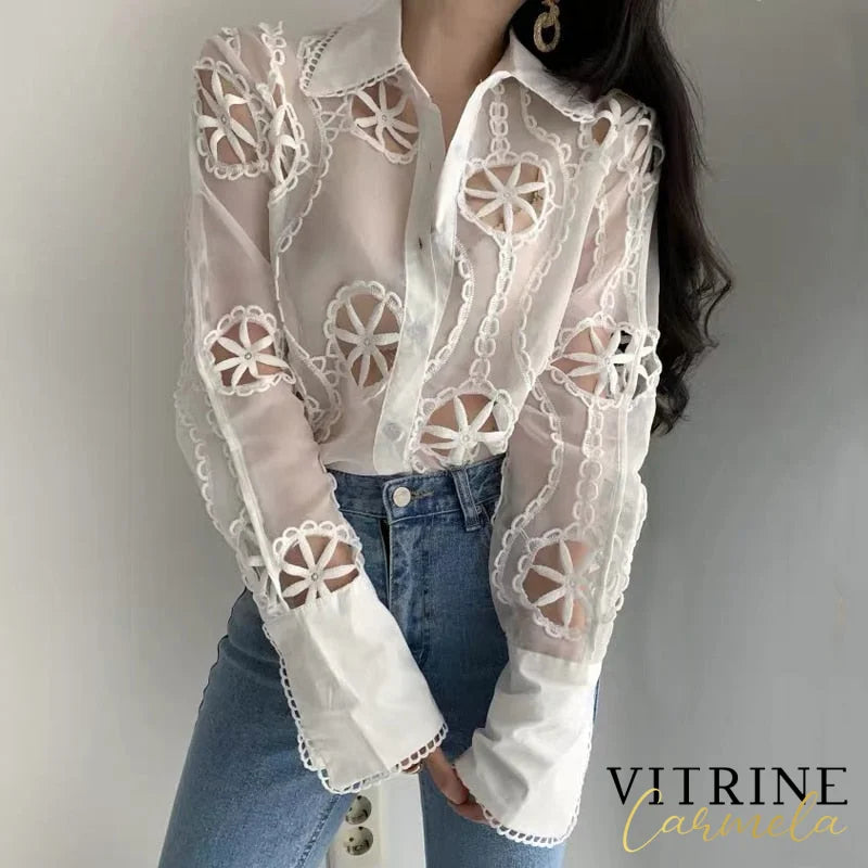Spring Lace White Blouse Women Hollow Out Flower Embroidery Shirt Sexy See Through Turn Down Collar