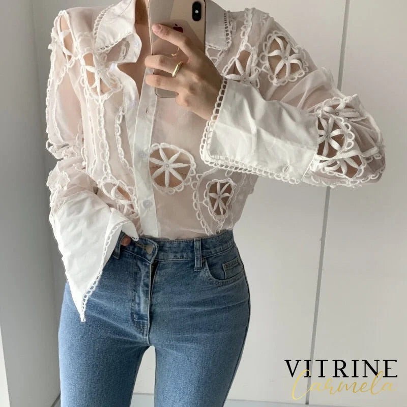 Spring Lace White Blouse Women Hollow Out Flower Embroidery Shirt Sexy See Through Turn Down Collar