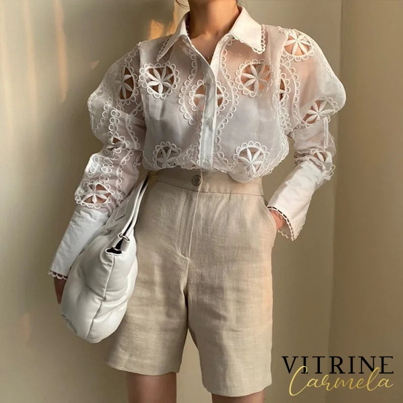 Spring Lace White Blouse Women Hollow Out Flower Embroidery Shirt Sexy See Through Turn Down Collar