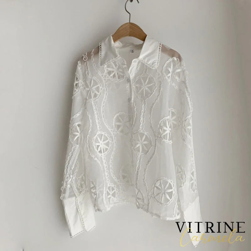 Spring Lace White Blouse Women Hollow Out Flower Embroidery Shirt Sexy See Through Turn Down Collar