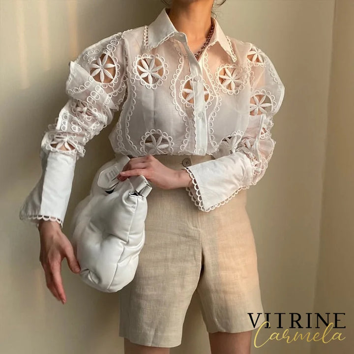 Spring Lace White Blouse Women Hollow Out Flower Embroidery Shirt Sexy See Through Turn Down Collar