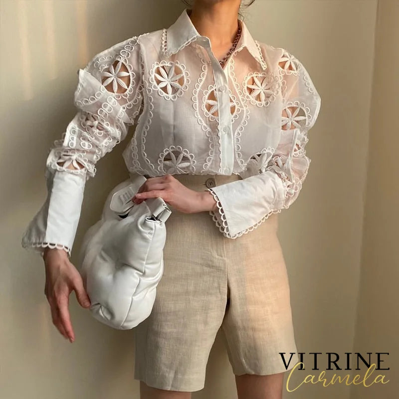 Spring Lace White Blouse Women Hollow Out Flower Embroidery Shirt Sexy See Through Turn Down Collar
