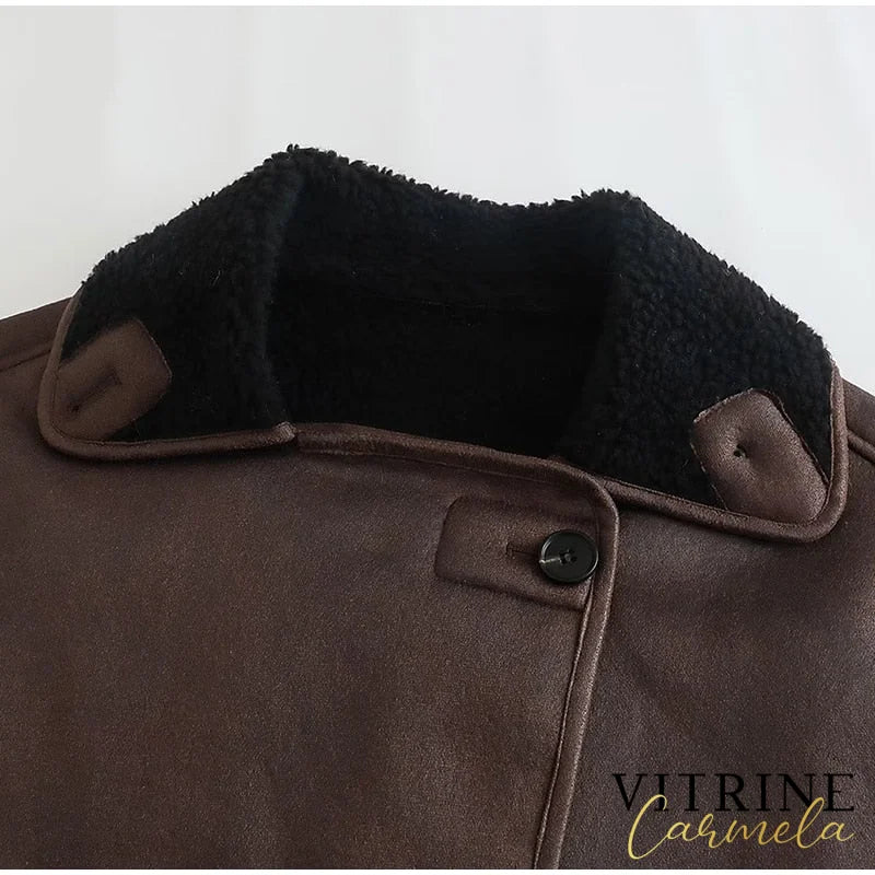 Kondala Streetwear Brown Leather Oversized Jackets Women Long Sleeve Single Buttons Thick Coats