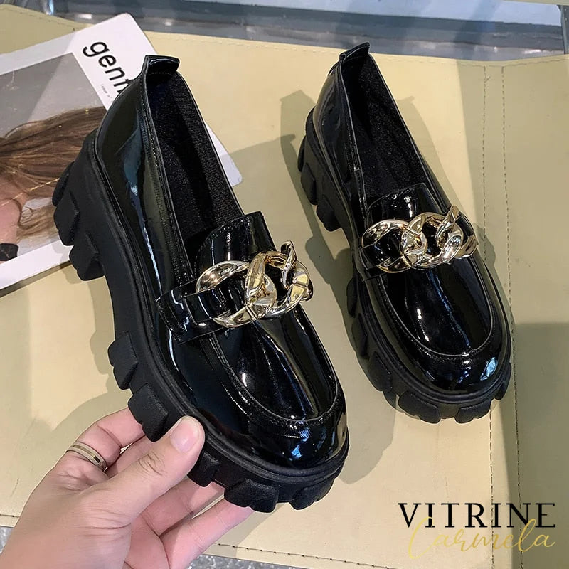 2022 Women Spring New Black Platform Flats Shoes Loafers Slip On Boat Metal Chain Designer Casual
