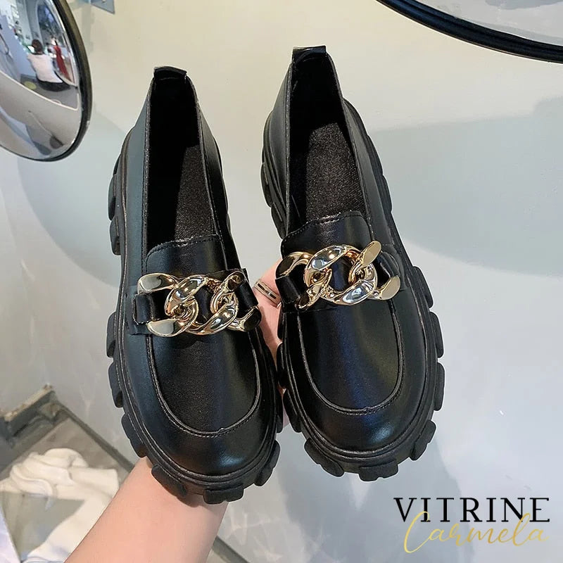2022 Women Spring New Black Platform Flats Shoes Loafers Slip On Boat Metal Chain Designer Casual