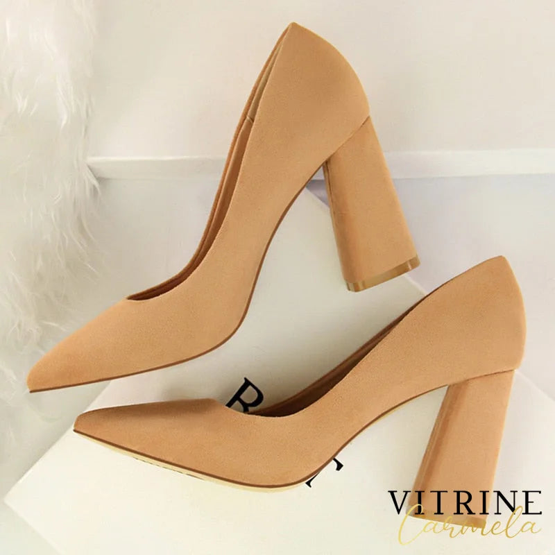 2023 Women 8.5Cm High Heels Chunky Pumps Sexy Nightclub Flock Block Girls Scarpins Office Wedding