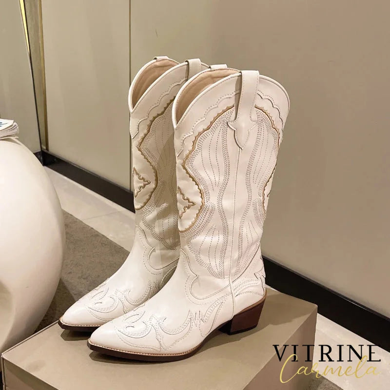 Bonjomarisa White Cowboy Western Knee High Boots Design Chunky Heel Pointed Toe Slip On Autumn Long