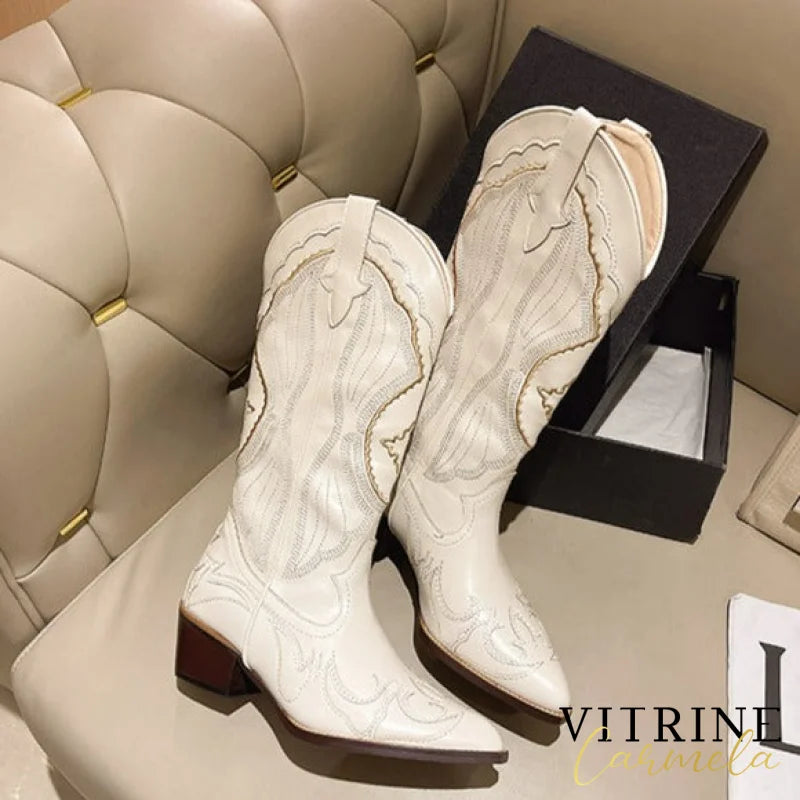 Bonjomarisa White Cowboy Western Knee High Boots Design Chunky Heel Pointed Toe Slip On Autumn Long