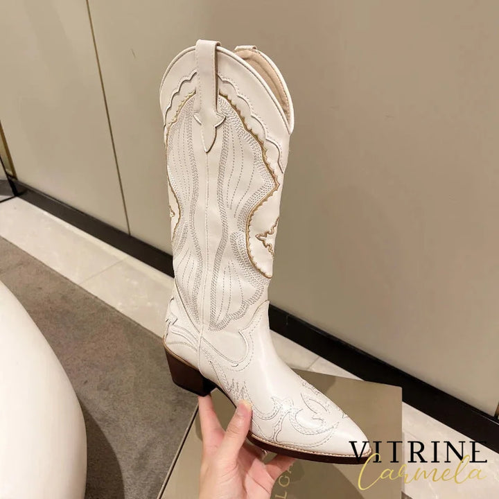 Bonjomarisa White Cowboy Western Knee High Boots Design Chunky Heel Pointed Toe Slip On Autumn Long