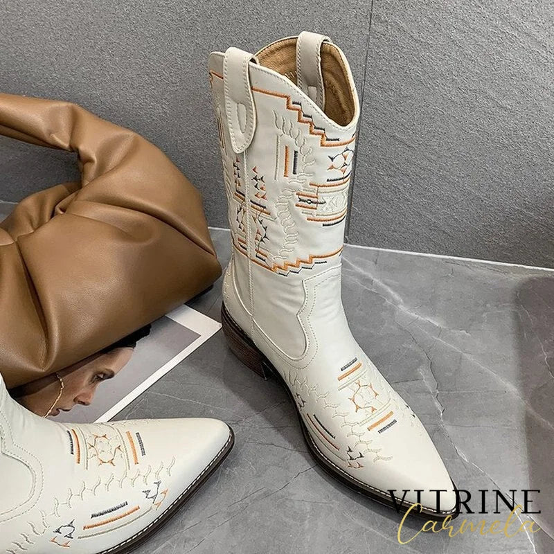 2022 Genuine Cowgirl Boots Chunky Botas Mujer Brand Designer Cowboy Embroider Casual Shoes Cossack