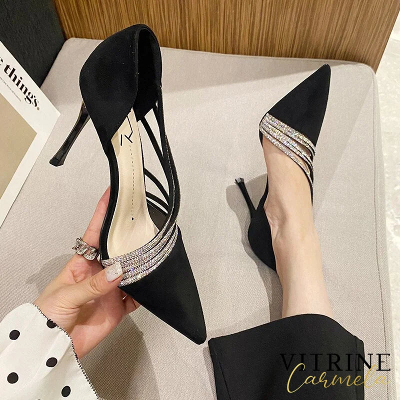 Women 2022 New Autumn Pumps Evening Party High Heels Ladies Pointed Toe Nude Leather Black Suede