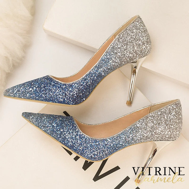 Gradient Sequins High Heels Women Shoes Pointed Classic Pumps Rhinestone Party Wedding Bridal