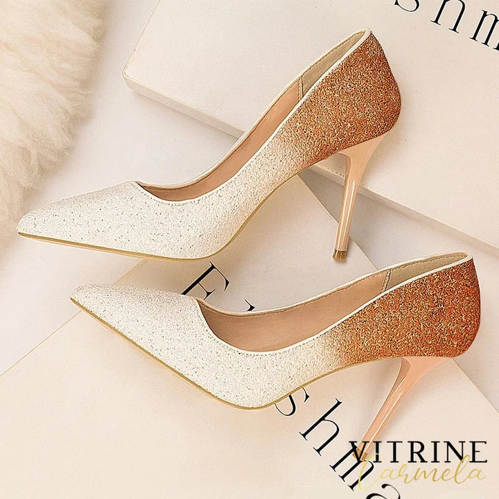 Gradient Sequins High Heels Women Shoes Pointed Classic Pumps Rhinestone Party Wedding Bridal
