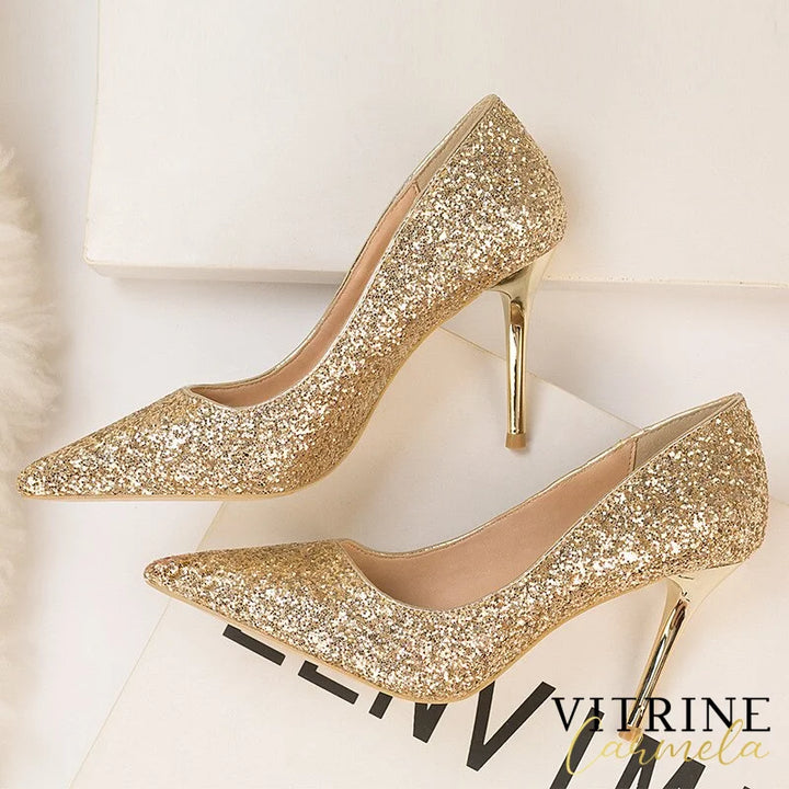 Gradient Sequins High Heels Women Shoes Pointed Classic Pumps Rhinestone Party Wedding Bridal