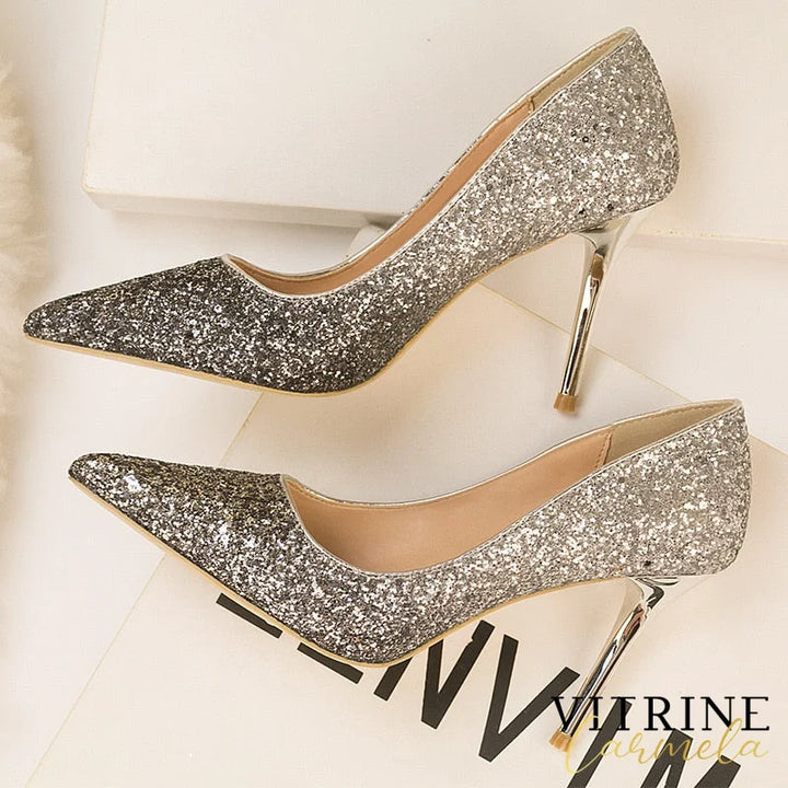 Gradient Sequins High Heels Women Shoes Pointed Classic Pumps Rhinestone Party Wedding Bridal