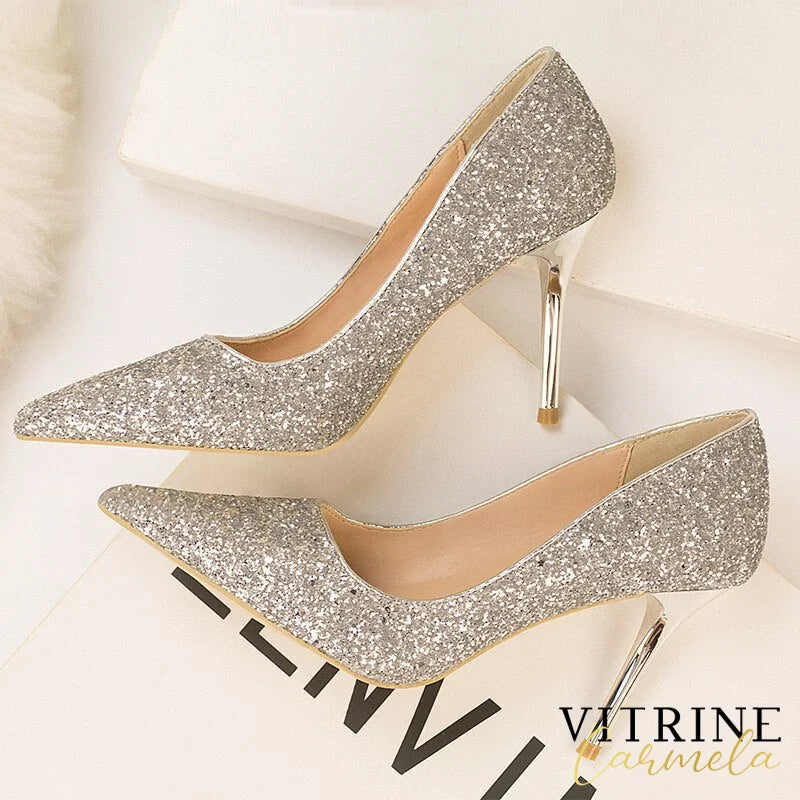 Gradient Sequins High Heels Women Shoes Pointed Classic Pumps Rhinestone Party Wedding Bridal