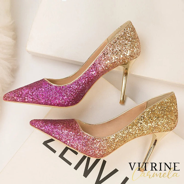 Gradient Sequins High Heels Women Shoes Pointed Classic Pumps Rhinestone Party Wedding Bridal
