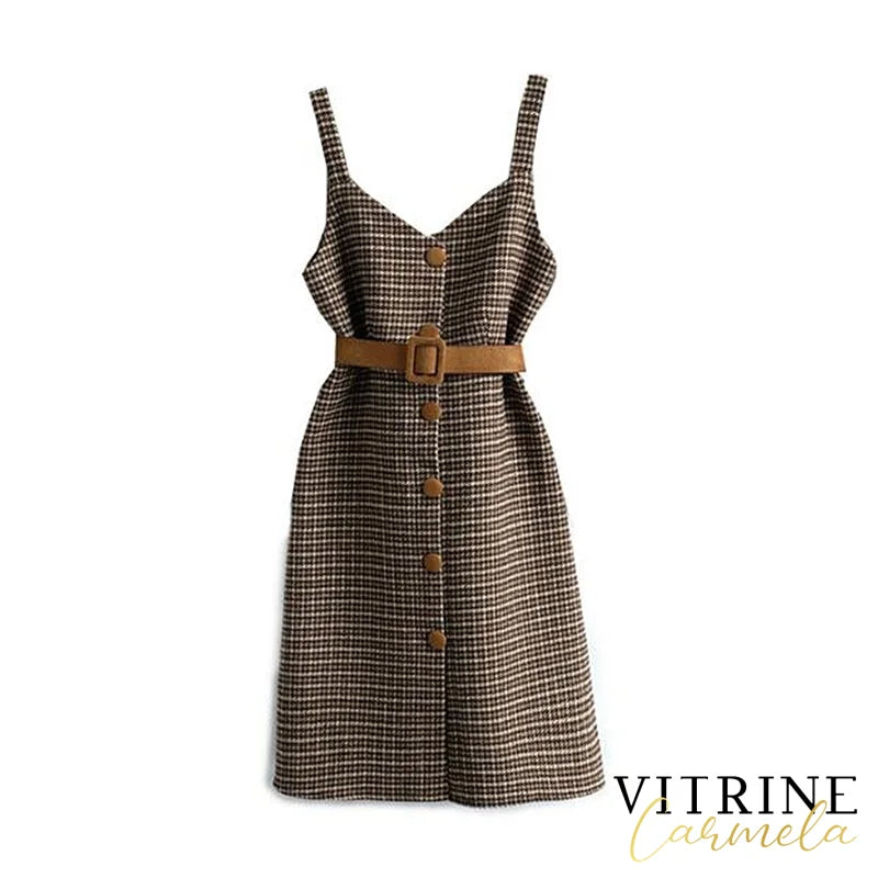 Korean Two Piece Set Dress Women Autumn Winter Houndstooth Woolen Spaghetti Strap With Belt