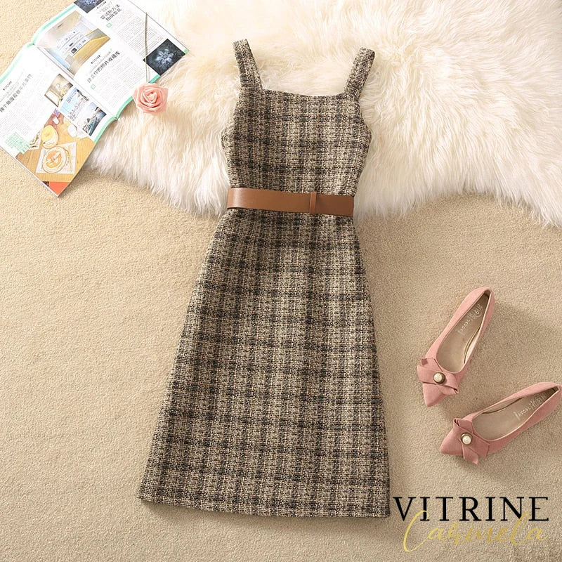 Korean Two Piece Set Dress Women Autumn Winter Houndstooth Woolen Spaghetti Strap With Belt