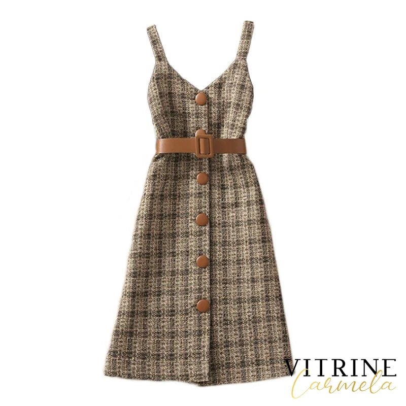 Korean Two Piece Set Dress Women Autumn Winter Houndstooth Woolen Spaghetti Strap With Belt