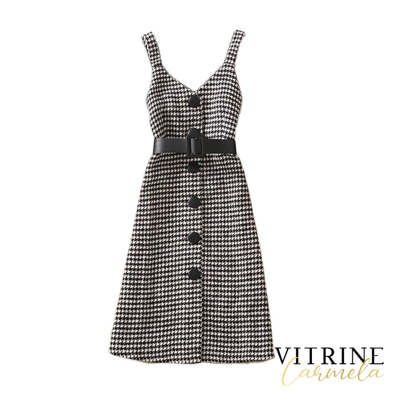 Korean Two Piece Set Dress Women Autumn Winter Houndstooth Woolen Spaghetti Strap With Belt