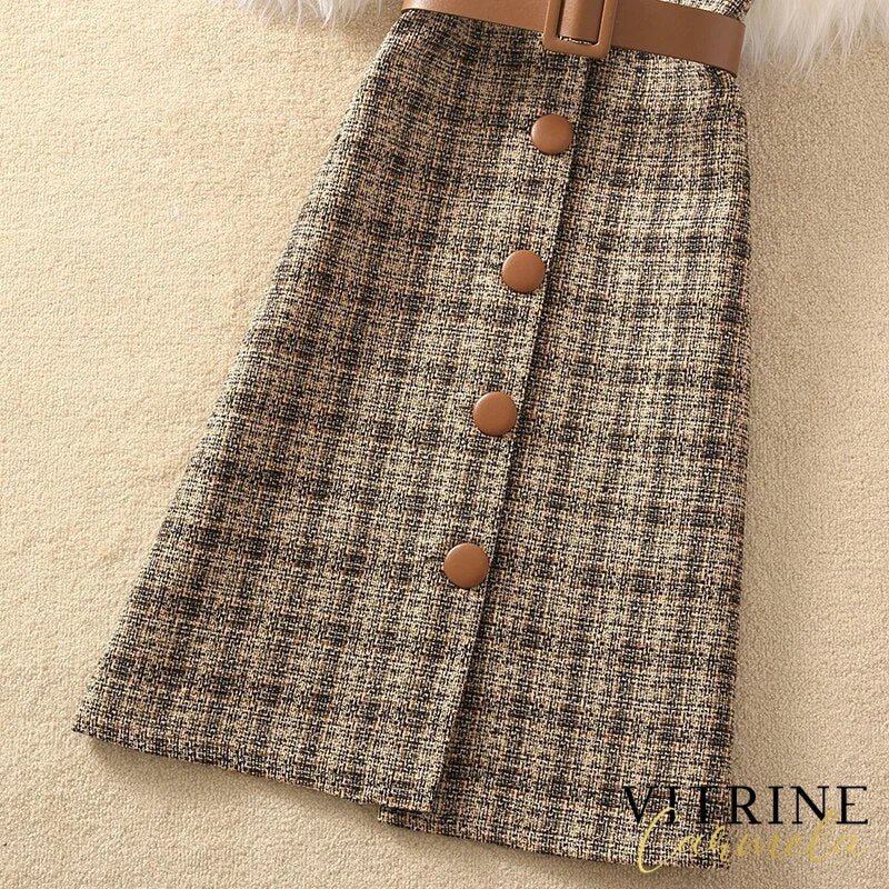 Korean Two Piece Set Dress Women Autumn Winter Houndstooth Woolen Spaghetti Strap With Belt