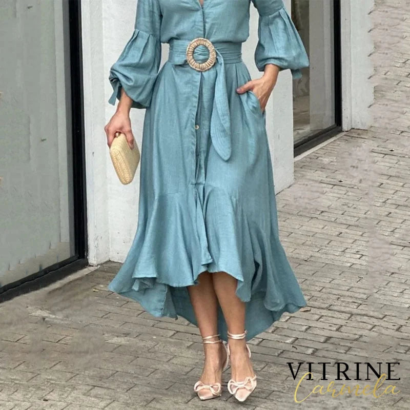Ellafads Women Maxi Dress Fashion Solid V Neck Lapel Lantern Sleeve Lace Up Nipped Waist Ruffled