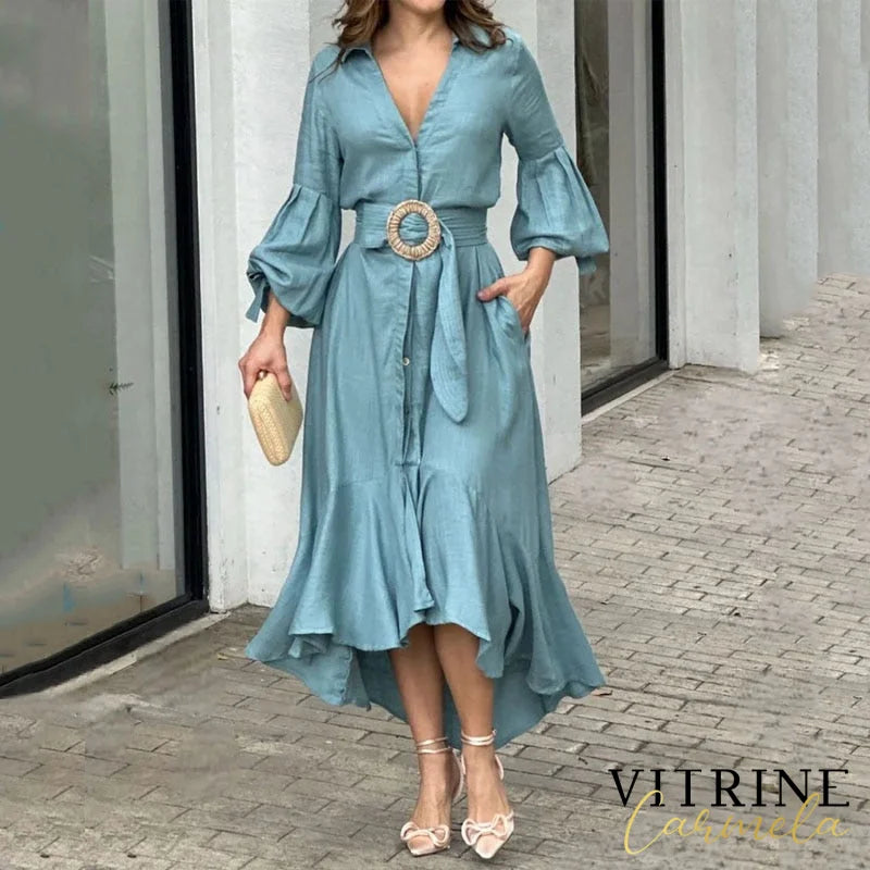 Ellafads Women Maxi Dress Fashion Solid V Neck Lapel Lantern Sleeve Lace Up Nipped Waist Ruffled