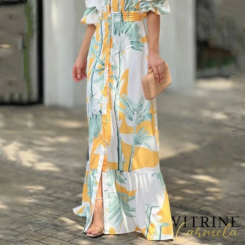 Ellafads Women Maxi Dress Summer Stylish Print Short Puff Sleeve V Neck Nipped Waist Slim Single Row