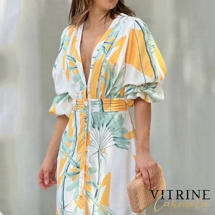 Ellafads Women Maxi Dress Summer Stylish Print Short Puff Sleeve V Neck Nipped Waist Slim Single Row